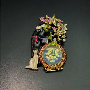 Witch Magic Brooch Black Cat Moon Face Rainstone Pin celestial goth ‘Drop Soon’